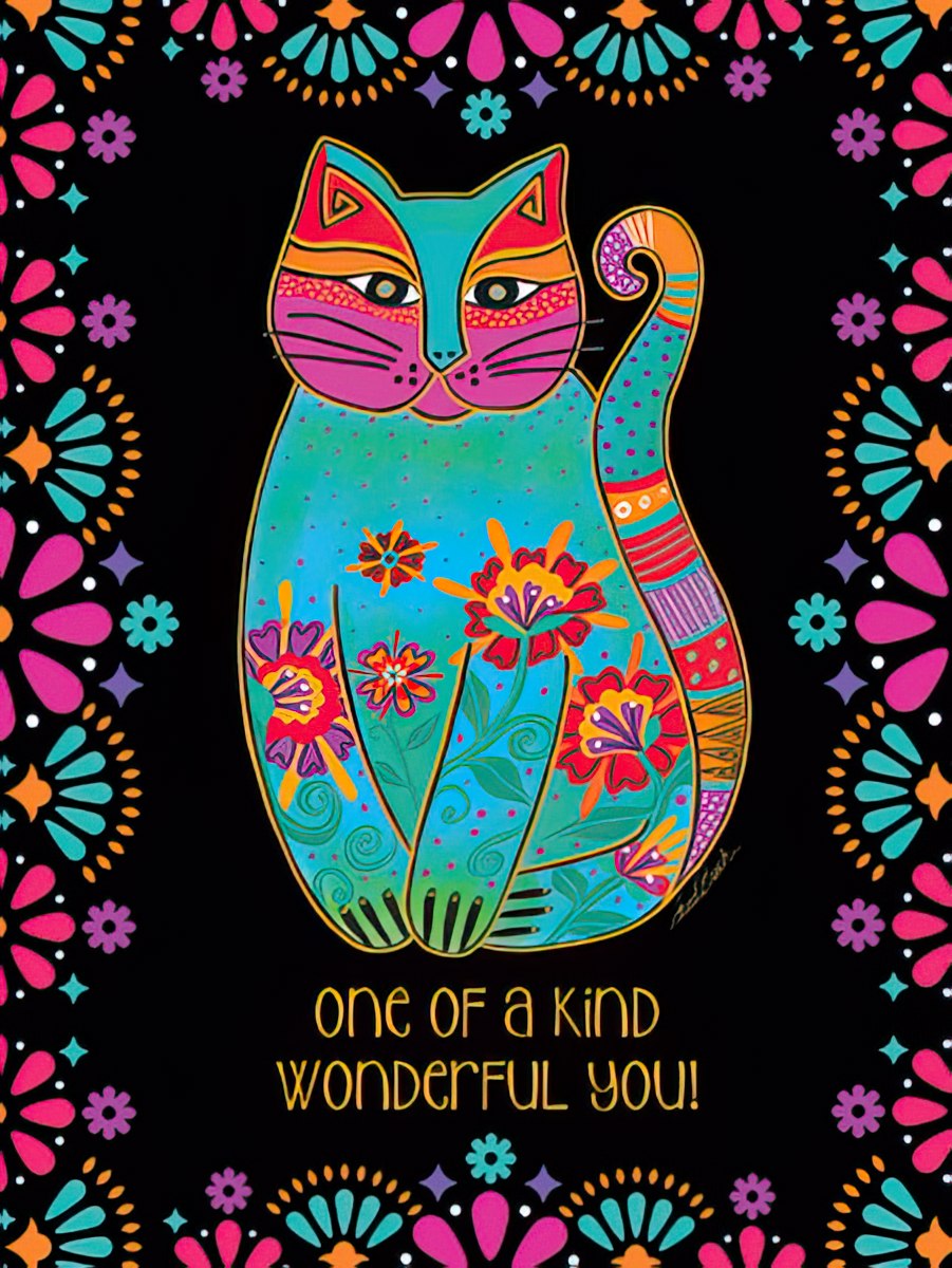 Vibrant, colorful folk-art style illustration of a sitting cat on a black background, framed by floral patterns, with text 'one of a kind wonderful you!'. Ideal for a special friend's celebration.