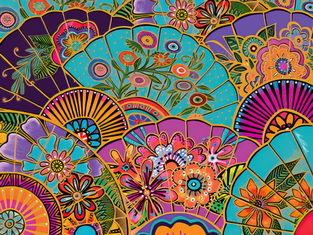 Close-up of a vibrant greeting card cover featuring a full-bleed pattern of colorful floral fans in purple, teal, orange, and gold.