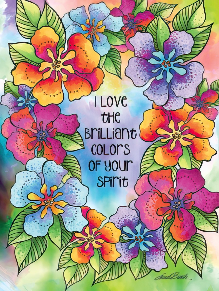 Laurel Burch card with colorful floral wreath and "I Love the Brilliant Colors of Your Spirit".