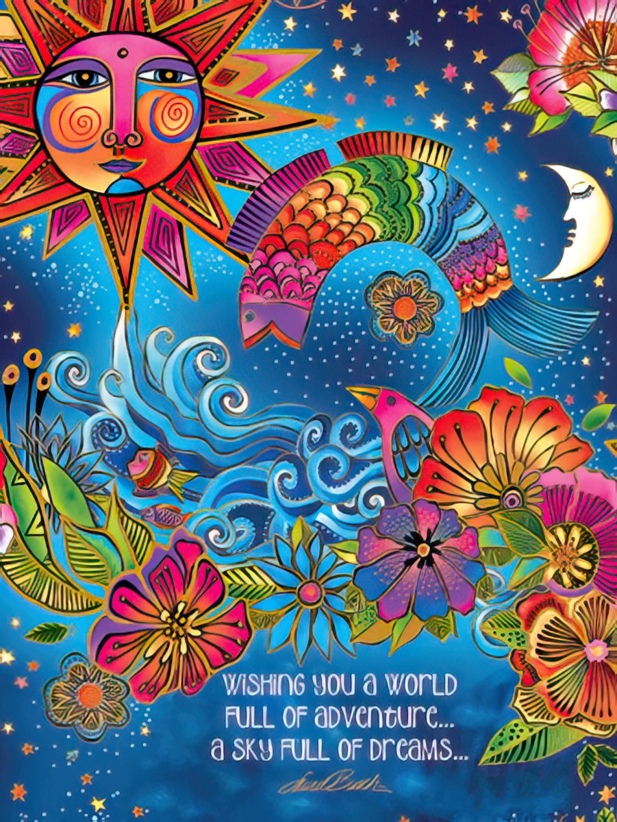 Laurel Burch card with sun, fish, bird, and flowers, "Wishing you a world full of adventure... a sky full of dreams".