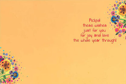 Inside of Laurel Burch cat birthday card: "Picked these wishes just for you for joy and love the whole year through!"