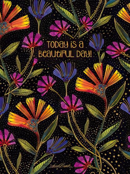 Laurel Burch "Today is a Beautiful Day!" card with vibrant orange, purple, and blue flowers on black.