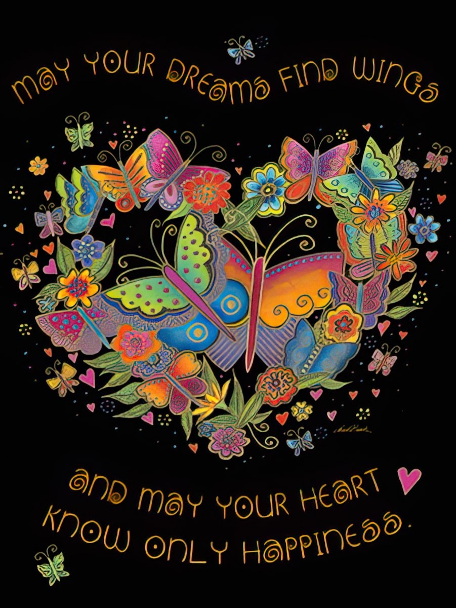 Laurel Burch "May Your Dreams Find Wings" card with a heart-shaped cluster of colorful butterflies.