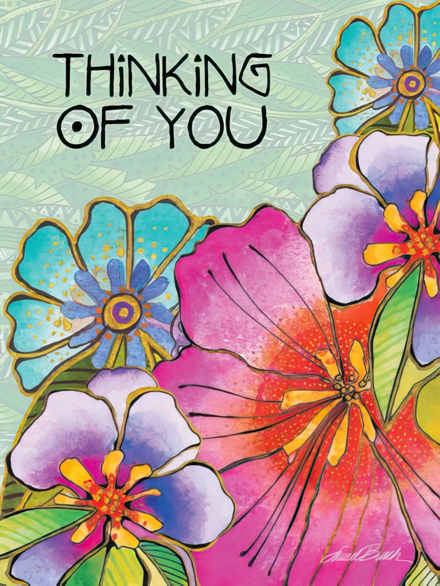 Laurel Burch "Thinking of You" card with vibrant pink, blue, and purple flowers.