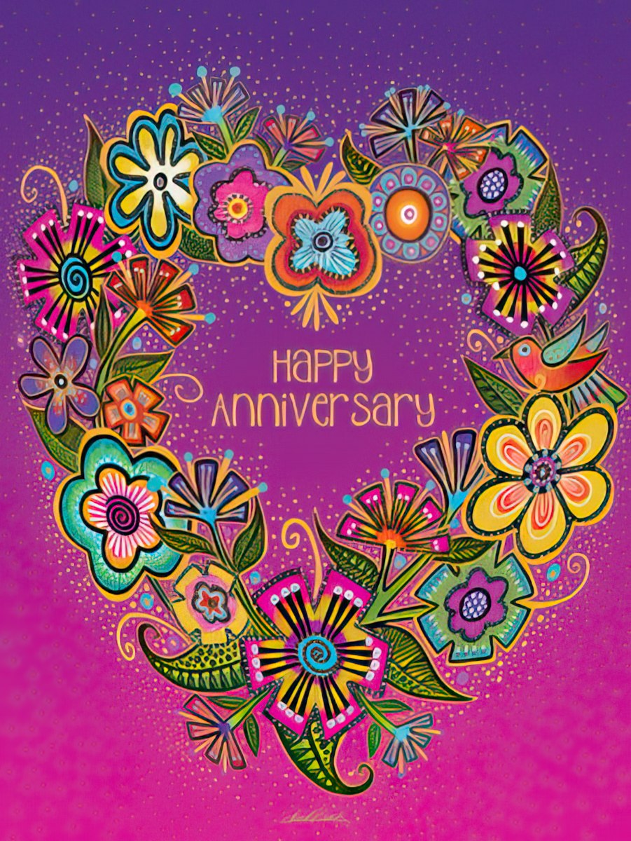 Laurel Burch "Happy Anniversary" card featuring a heart-shaped wreath of colorful flowers.