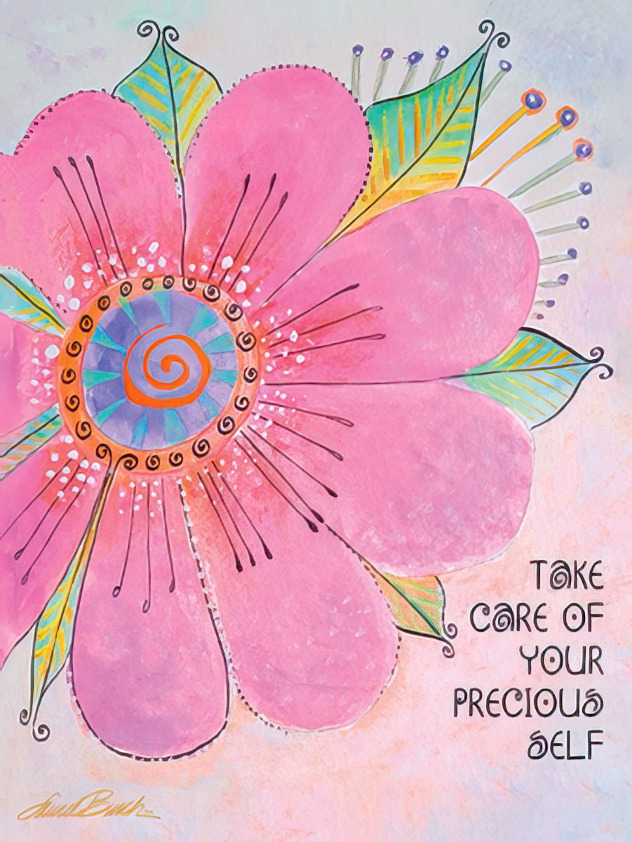 Laurel Burch card with a large pink flower and "Take Care of Your Precious Self".