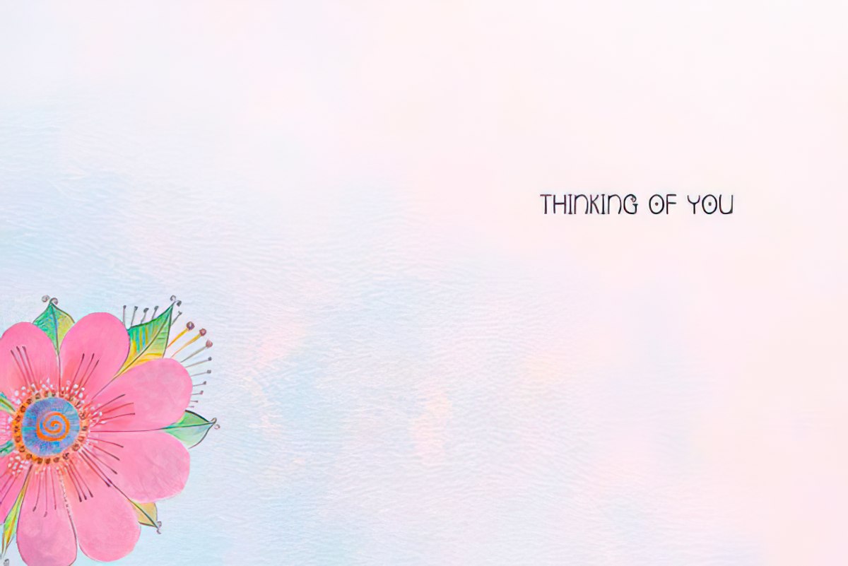 Inside of Laurel Burch pink flower card: "Thinking of You".