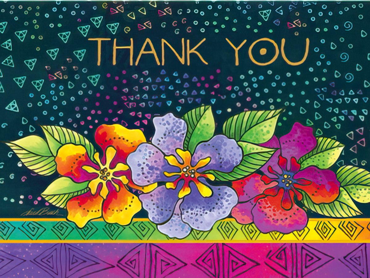Laurel Burch "Thank You" card with colorful flowers on a dark background with geometric patterns.