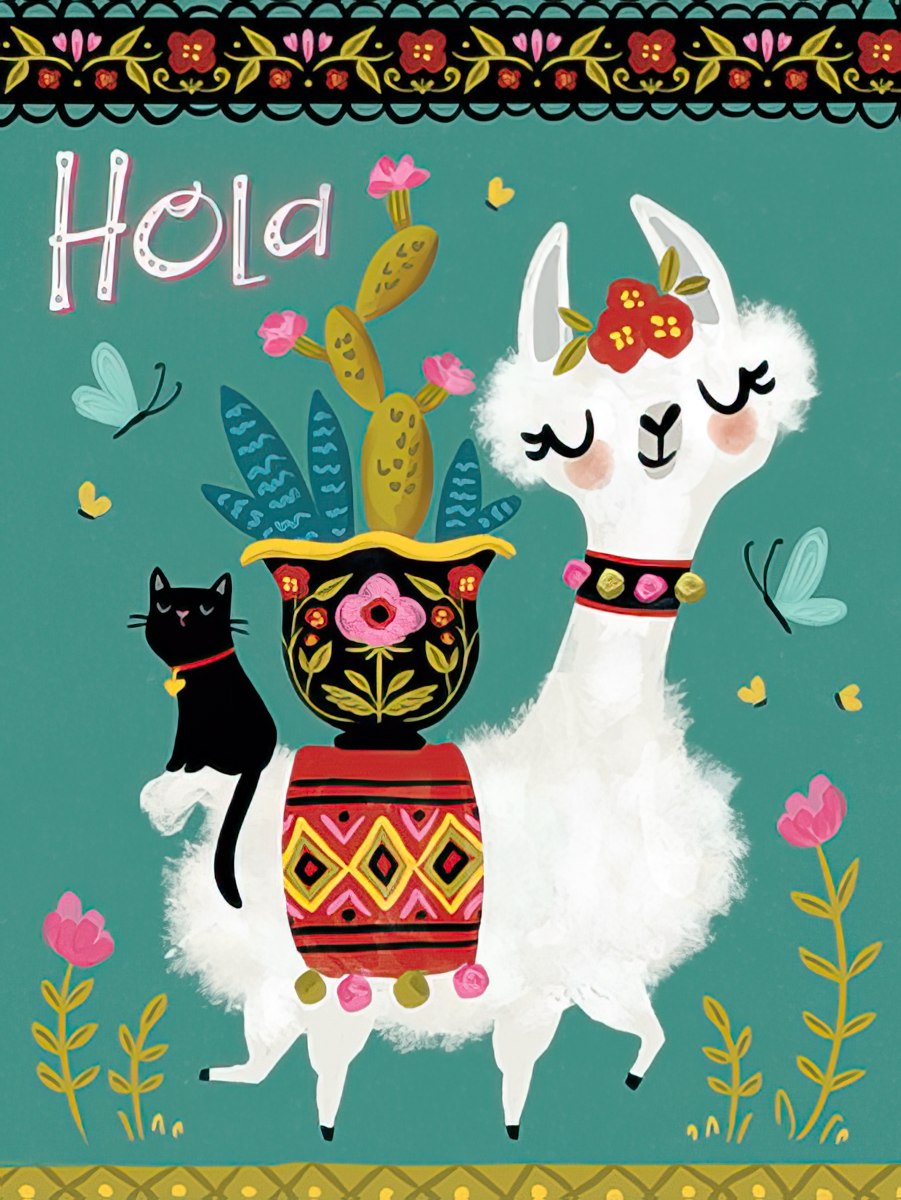Llama with Cactus Plant and Black Cat Friendship Card