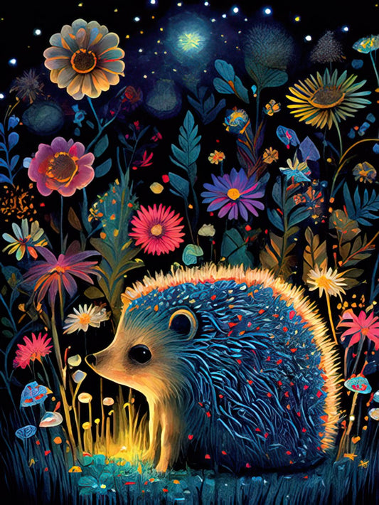 A whimsical blue hedgehog with colorful quills in a vibrant, magical dark garden filled with glowing flowers and botanical elements.