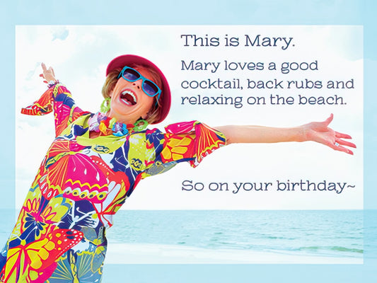 Happy woman in colorful dress, hat, and sunglasses, celebrating on a sunny beach with arms outstretched. Card text visible.
