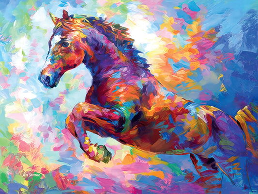 Vibrant abstract painting of a powerful galloping horse in dynamic hues of blue, red, purple, orange, and yellow.