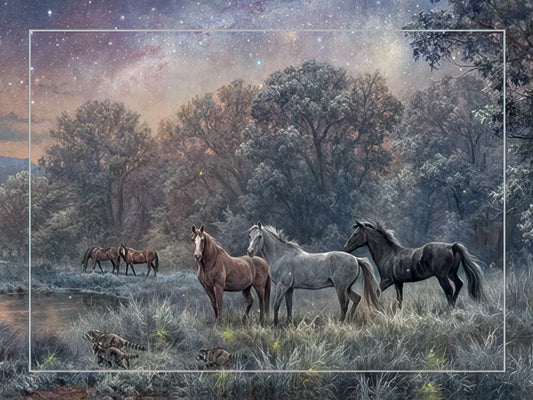 Majestic horses stand by a serene lake under a vibrant starry night sky. A beautiful friendship greeting card with an ethereal nature scene.
