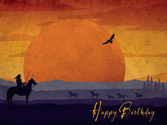 Native American horse rider silhouette against a vibrant orange sunset, with more horses in the distance and an eagle flying.