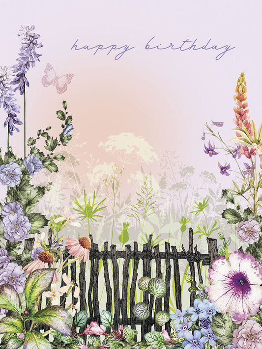 Front of a Wildflower Garden Birthday Card, showing colorful wildflowers, a rustic wooden fence, a butterfly, and 'happy birthday' text.