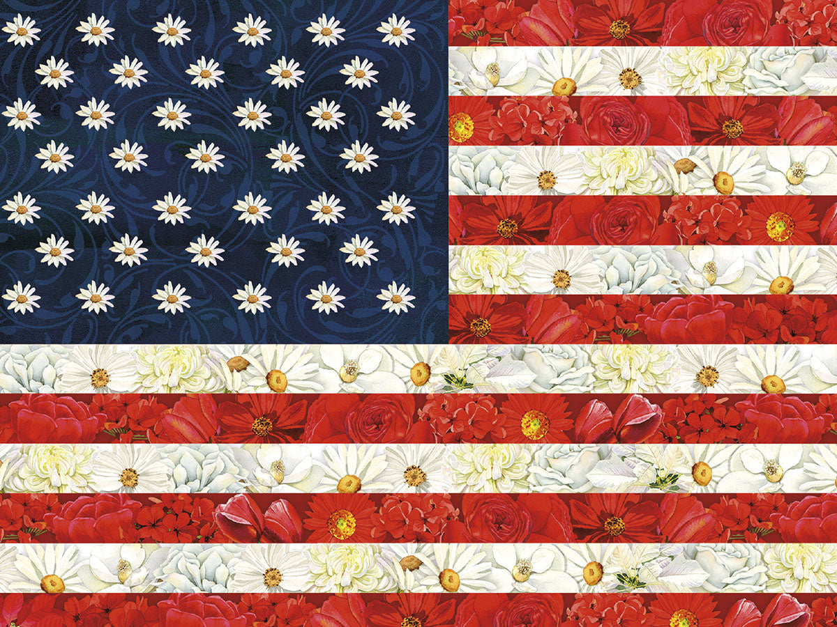 Close-up of an artistic American flag greeting card, created from red roses, white flowers, and blue background with white daisies.