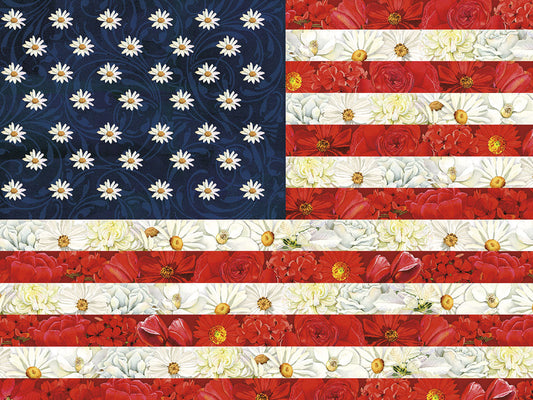 Close-up of an artistic American flag greeting card, created from red roses, white flowers, and blue background with white daisies.