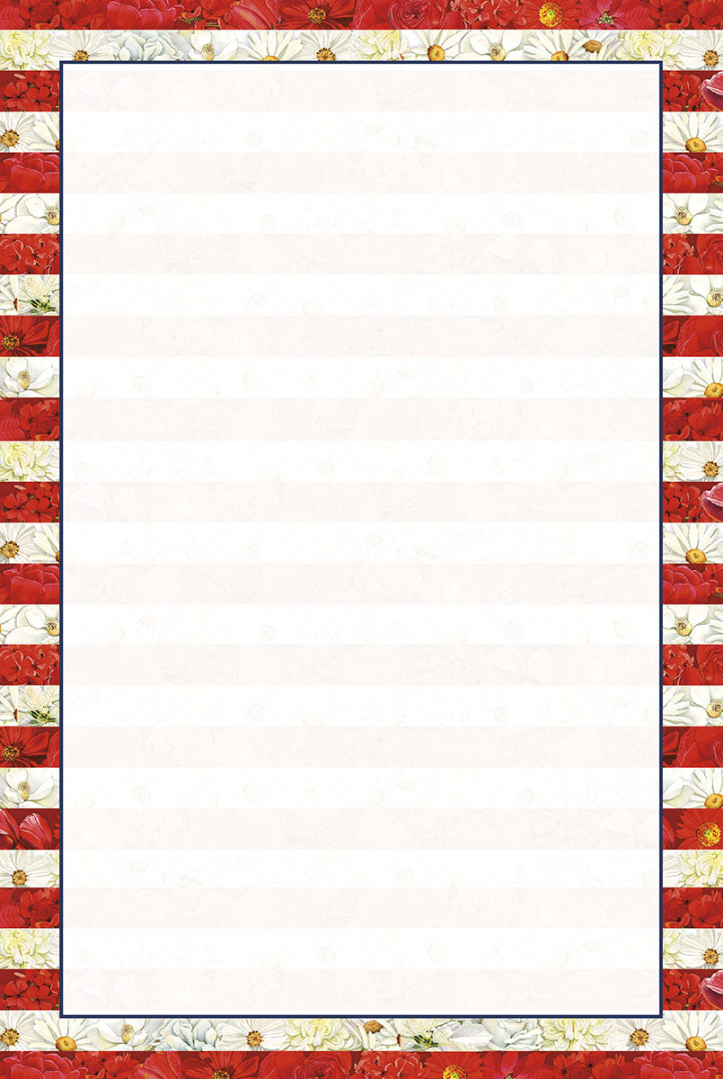 Inside view of a blank greeting card, framed with a floral American flag border of red roses and white flowers.