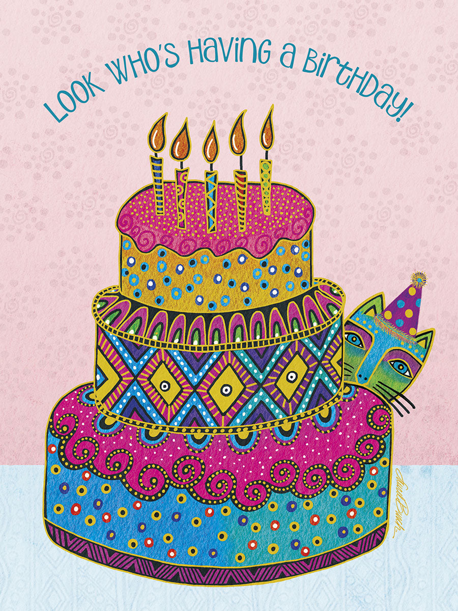 Front of a vibrant, whimsical greeting card featuring a multi-tiered cake with lit candles and a cheerful cat wearing a party hat peeking out from behind it. The text 'LOOK WHO'S HAVING A BIRTHDAY!' curves above the illustration. The design is rich with colorful patterns and intricate details, making it a cute and festive card.