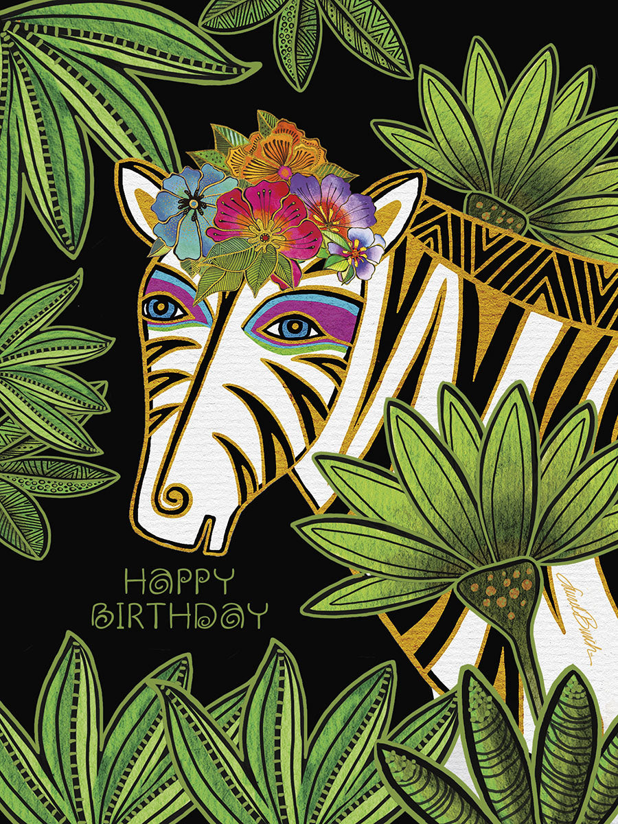 Zebra with Flowers Surrounded by Palms Birthday Card