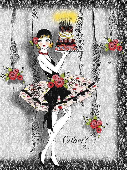 Elegant retro woman in black dress holding a tiered birthday cake on a white lace background with red flowers and 'Older?'