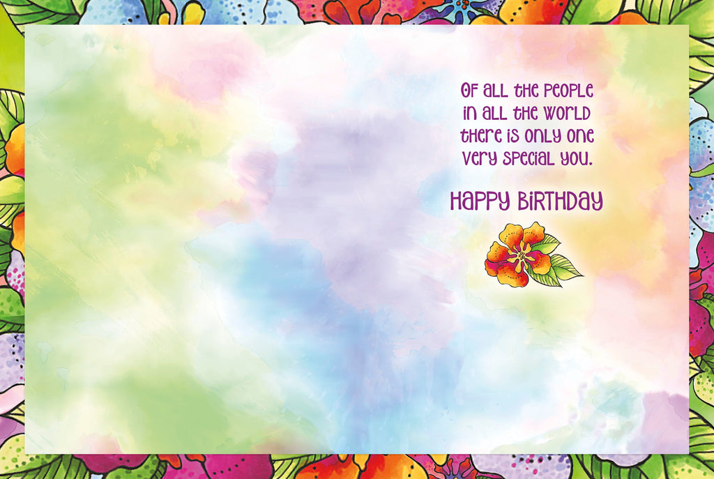 Inside view of the open greeting card, featuring a soft, blended watercolor background in hues of green, blue, and purple. The main text reads: 'OF ALL THE PEOPLE IN ALL THE WORLD THERE IS ONLY ONE VERY SPECIAL YOU. HAPPY BIRTHDAY.' A small, vibrant orange and yellow floral design with green leaves is positioned in the bottom right corner.