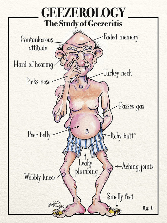 Funny Geezerology diagram card showing an old man with humorous aging symptoms like beer belly, wobbly knees, and faded memory.