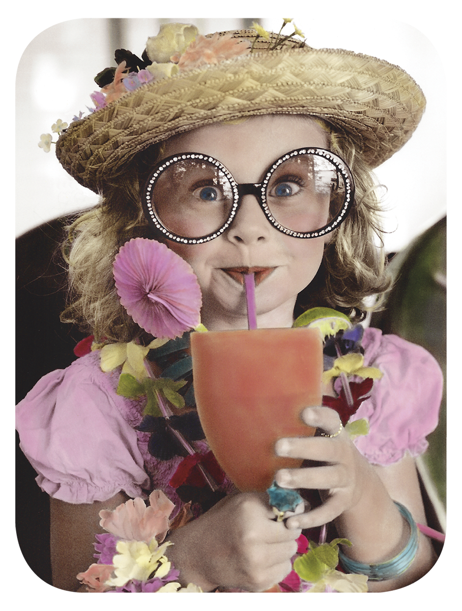 Adorable young girl in a straw hat, oversized sparkling glasses, and floral lei, playfully sipping a colorful drink with a straw.