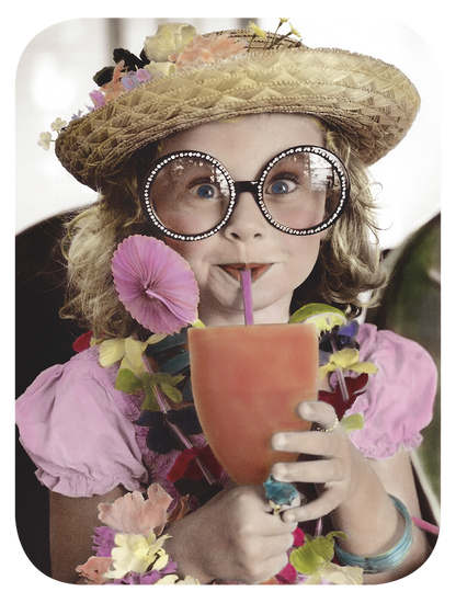Adorable young girl in a straw hat, oversized sparkling glasses, and floral lei, playfully sipping a colorful drink with a straw.