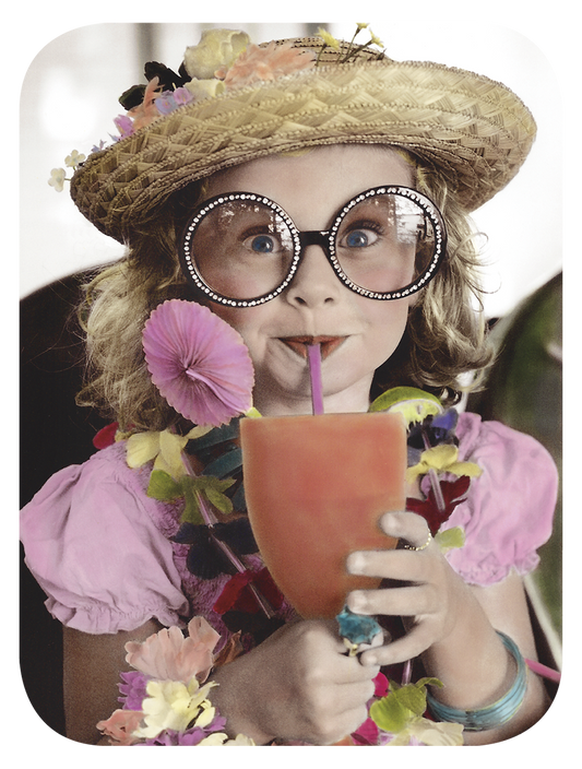 Adorable young girl in a straw hat, oversized sparkling glasses, and floral lei, playfully sipping a colorful drink with a straw.