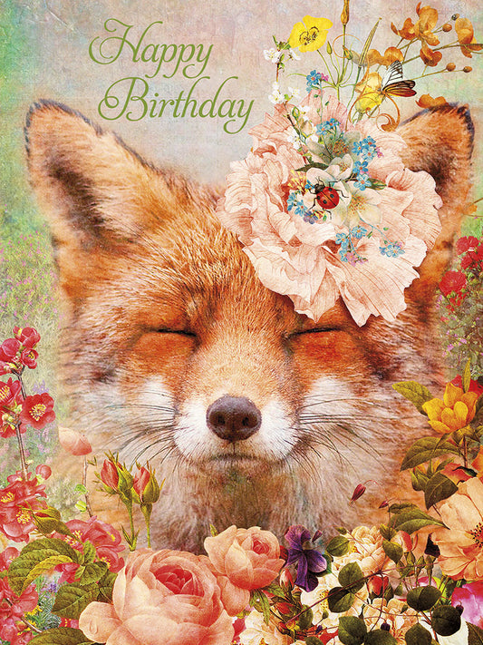 Happy Birthday card featuring a serene fox adorned with a large floral crown, surrounded by vibrant flowers.