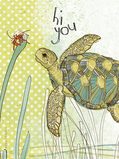 Vibrant greeting card front featuring an illustrated green sea turtle swimming past a tiny hermit crab on a plant with 'Hi You' text.