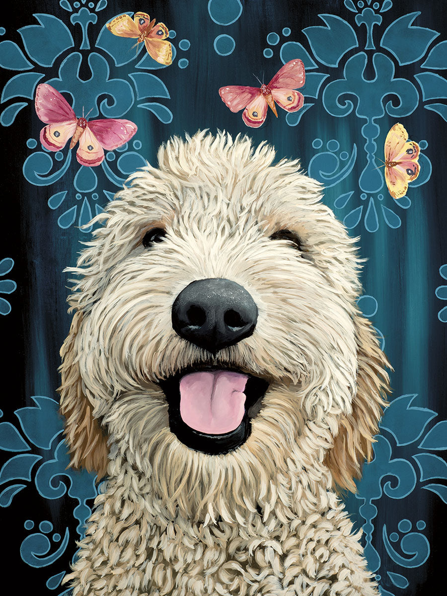 Close-up of a smiling Golden Doodle dog with its tongue playfully out, surrounded by pink and yellow butterflies on a dark blue damask background. Captures joy and charm.