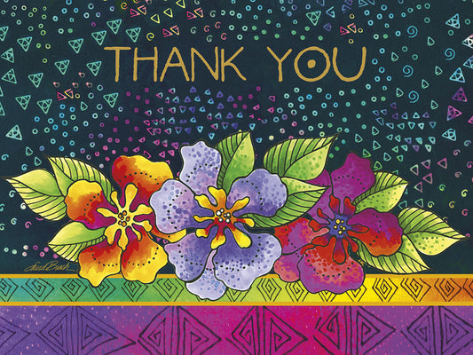 Vibrant 'Thank You' greeting card with three bright purple, yellow, and red flowers on a patterned black background and colorful border.