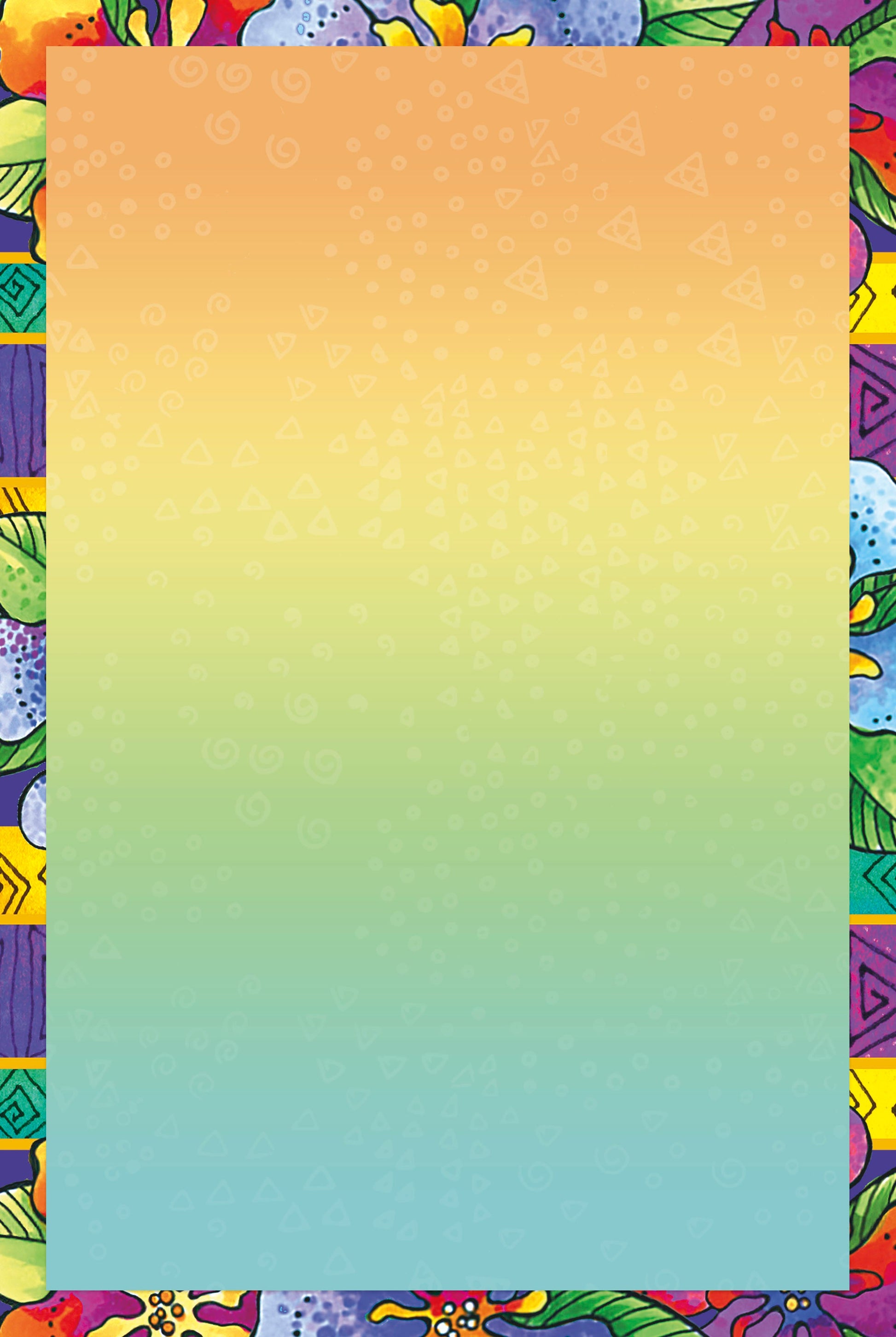 Inside of a thank you card with a colorful floral border, featuring a gradient background from orange to blue with subtle patterns.