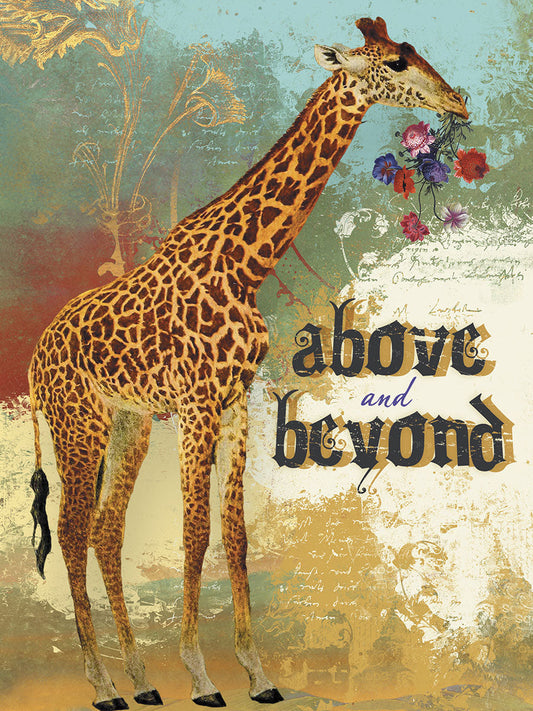 Elegant 'Above & Beyond' thank you card featuring a majestic giraffe holding a colorful floral bouquet against a vintage, textured background.