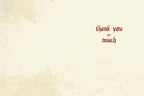 Interior view of a thank you greeting card with elegant red calligraphy text 'thank you so much' on a subtle, textured cream-colored background.