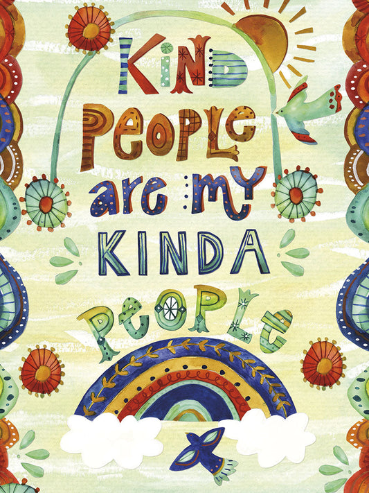 Front of a vibrant thank you card featuring 'Kind People Are My Kinda People' in whimsical font with a rainbow, sun, and decorative borders.