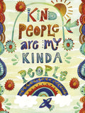 Whimsical watercolor greeting card front with 'Kind People are my Kinda People' in colorful block letters, surrounded by folk art flowers, sun, rainbow, and birds, perfect for expressing heartfelt gratitude.