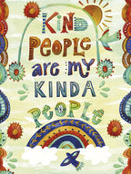 Whimsical watercolor greeting card front with 'Kind People are my Kinda People' in colorful block letters, surrounded by folk art flowers, sun, rainbow, and birds, perfect for expressing heartfelt gratitude.