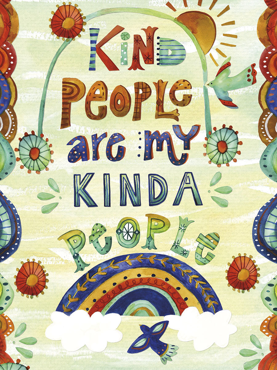 Whimsical watercolor greeting card front with 'Kind People are my Kinda People' in colorful block letters, surrounded by folk art flowers, sun, rainbow, and birds, perfect for expressing heartfelt gratitude.
