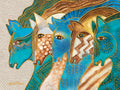 Vibrant greeting card featuring five abstract horses with flowing manes in shades of blue, gold, and brown, adorned with intricate patterns and dots. Perfect for a special friend.