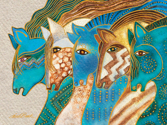 Greeting card featuring an artistic illustration of five blue, white, and gold horses with flowing manes, symbolizing friendship.