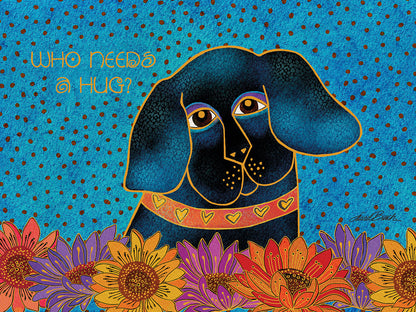 Colorful art of a black dog with a heart collar and floral border, asking 'Who needs a hug?' on a blue polka-dotted background.