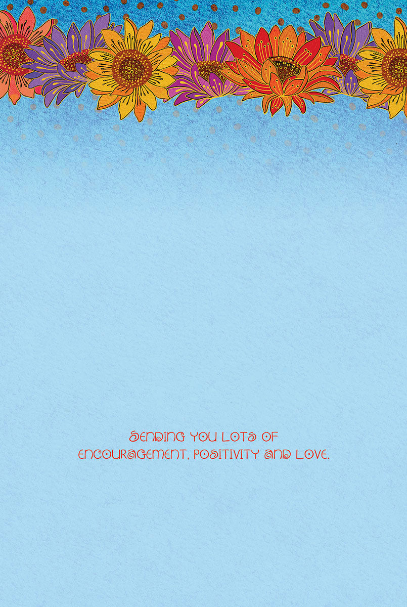 Light blue greeting card interior with 'Sending you lots of encouragement, positivity and love' text and colorful floral border.