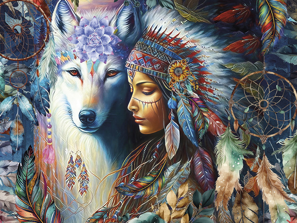Native American spirit woman in a vibrant feather headdress beside a white wolf, surrounded by dreamcatchers and mystical feathers.