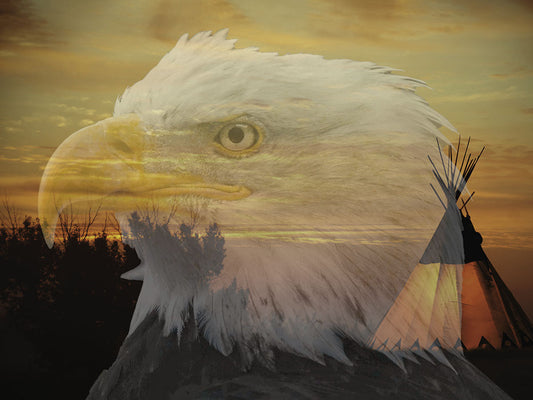 Striking double exposure of a bald eagle's head overlaid with a serene sunset landscape featuring a traditional tipi and bare trees.