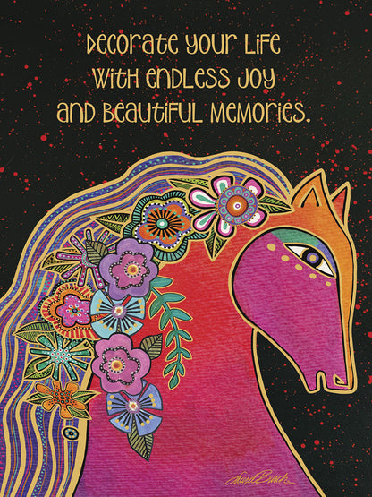 Front of a vibrant floral horse birthday card with the inspiring message: 'decorate your life With endless joy and beautiful memories.'