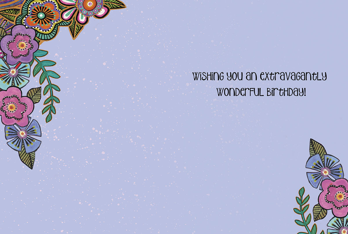 Inside of the colorful horse birthday card, featuring floral accents and the text: 'WISHING YOU AN EXTRAVAGANTLY WONDERFUL BIRTHDAY!'