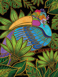 Vibrant toucan card for joyous celebrations, featuring a colorful tropical bird with flower crown amidst lush green leaves on a dark background. Perfect for sending warm wishes.